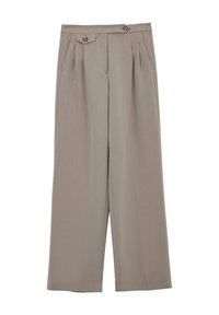 Pantalons larges beige en tissu lisse. Comprend deux poches avant et deux boutons à la taille. Le design plissé ajoute de la texture.