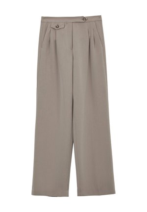 Pantaloni beige a gamba larga realizzati in tessuto morbido. Presentano due tasche frontali e due bottoni in vita. Il design plissettato aggiunge texture.