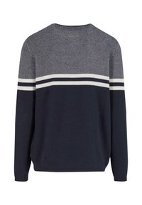 Dunkelblauer gestrickter Pullover mit einem strukturierten Muster, weißen und grauen Streifen über der Brust sowie gerippten Bündchen und Saum.