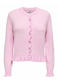 Roza jopica z okroglim izrezom okrog vratu, gumbi s volančki in volančki vzdolž spodnjega roba. Iz mehke tkanine, z dolgimi rokavi in volančki pri manšetah.