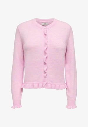 Růžový cardigan s kulatým výstřihem, řaseným zapínáním na knoflíky a řaseným lemem. Vyroben z měkkého materiálu, s dlouhými rukávy zakončenými řasenými manžetami.