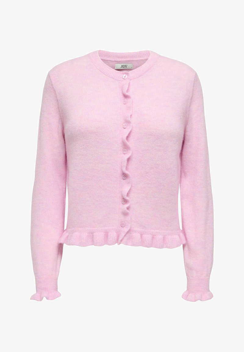 Roza jopica z okroglim izrezom okrog vratu, gumbi s volančki in volančki vzdolž spodnjega roba. Iz mehke tkanine, z dolgimi rokavi in volančki pri manšetah.