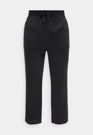 Pantalon décontracté noir avec ceinture élastique, cordon de serrage ajustable, poches avant plaquées, et coupe droite sur fond blanc.
