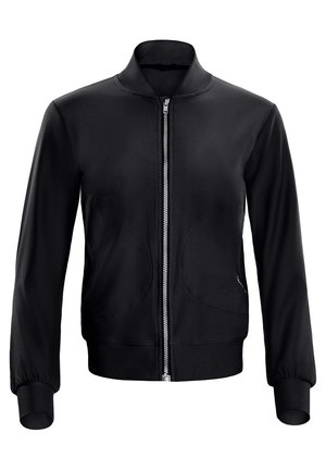 Schwarze Bomberjacke aus glattem Material, mit einem vorderen Reißverschluss, rundem Kragen und elastischen Bündchen mit gebogener Nahtdetail.