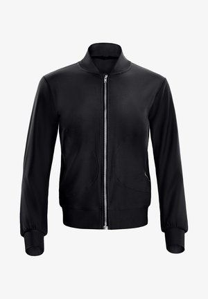 Giacca bomber nera realizzata in tessuto morbido, con zip frontale, colletto arrotondato e polsini elasticizzati con dettagli di cucitura curvata.