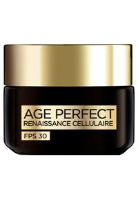Bocal noir avec un couvercle doré, étiqueté "AGE PERFECT RENAISSANCE CELLULAIRE FPS 30." Fini lisse, design élégant et typographie claire.