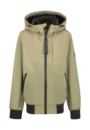 Licht olijfgroen hoodie-jack met een ritssluiting aan de voorkant, voorzien van twee zijzakken, zwarte accenten op de mouwen en een merketiket aan de ritssluiting.