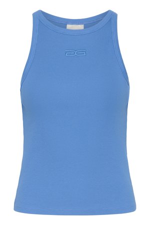 Blå tætsiddende tanktop lavet af ribbet stof, med rund halsudskæring og et broderet logo på brystet. Glat tekstur, ærmeløs design.