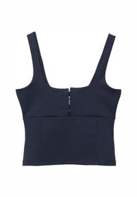 Marineblauwe mouwloze crop top met brede banden en een ritsdetail in het midden vooraan.