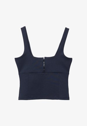 Marineblauwe mouwloze crop top met brede banden en een ritsdetail in het midden vooraan.