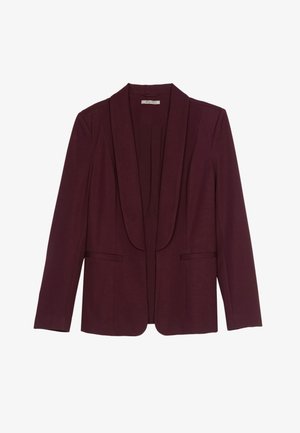 Blazer bordô com colarinho xale, dois bolsos frontais e uma textura de tecido suave. Ajuste estruturado com mangas longas e sem botões.