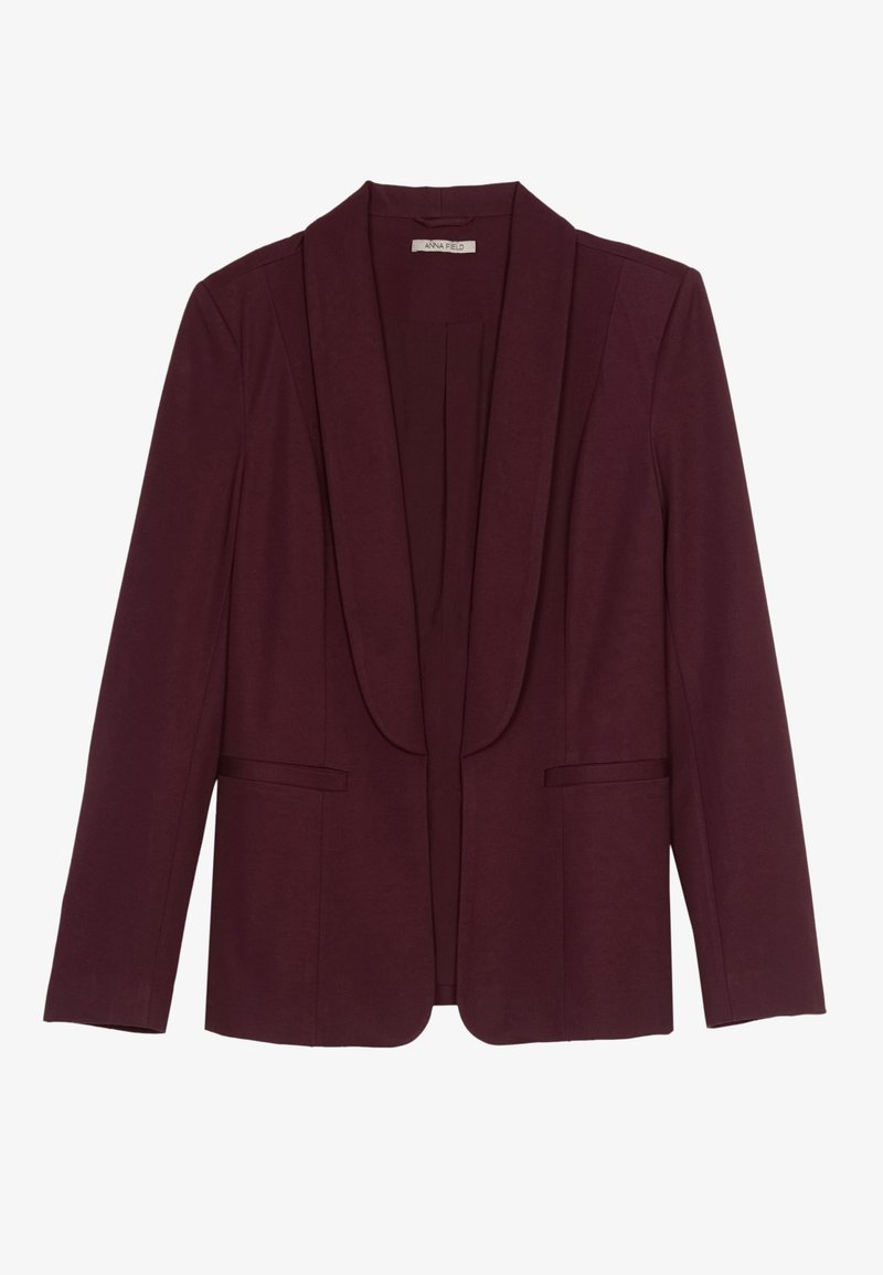 Bordeaux-coloured blazer met een sjawl-kraag, dubbele voorzakken en een gladde stoftextuur. Gestructureerde fit met lange mouwen en zonder knopen.