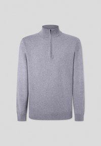 Hellgrauer Pullover aus weichem Material. Verfügt über einen hohen Kragen mit einem kurzen Reißverschluss, gerippten Bündchen und einen geraden Saum.