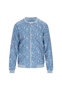 Blauwe bomberjack met een bloemen- en maritiem patroon in wit en rood. Voorzien van een ritssluiting aan de voorkant en ribgebreide boorden en onderrand. Zacht stof.