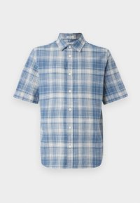 Korte mouwen overhemd met knopen in een blauw-witte ruitpatroon, met een scherpe kraag en zachte, gestructureerde katoenstof.