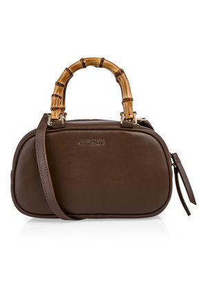 Brown oval leather handbag with bamboo-style handles, adjustable shoulder strap, and gold brand logo on front center.
