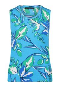 Top sin mangas de tela azul con un patrón floral que presenta hojas verdes y blancas. Cuello redondo con textura acanalada.