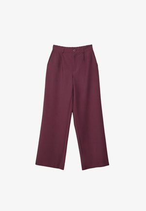 High-waisted wide-leg trousers in dark plum with front button, belt loops, side pockets, and tailored waist.