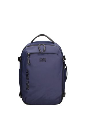 Zaino blu navy con maniglia superiore, zip neri e scritte "Coveri active" e "Free Time" sul pannello frontale.