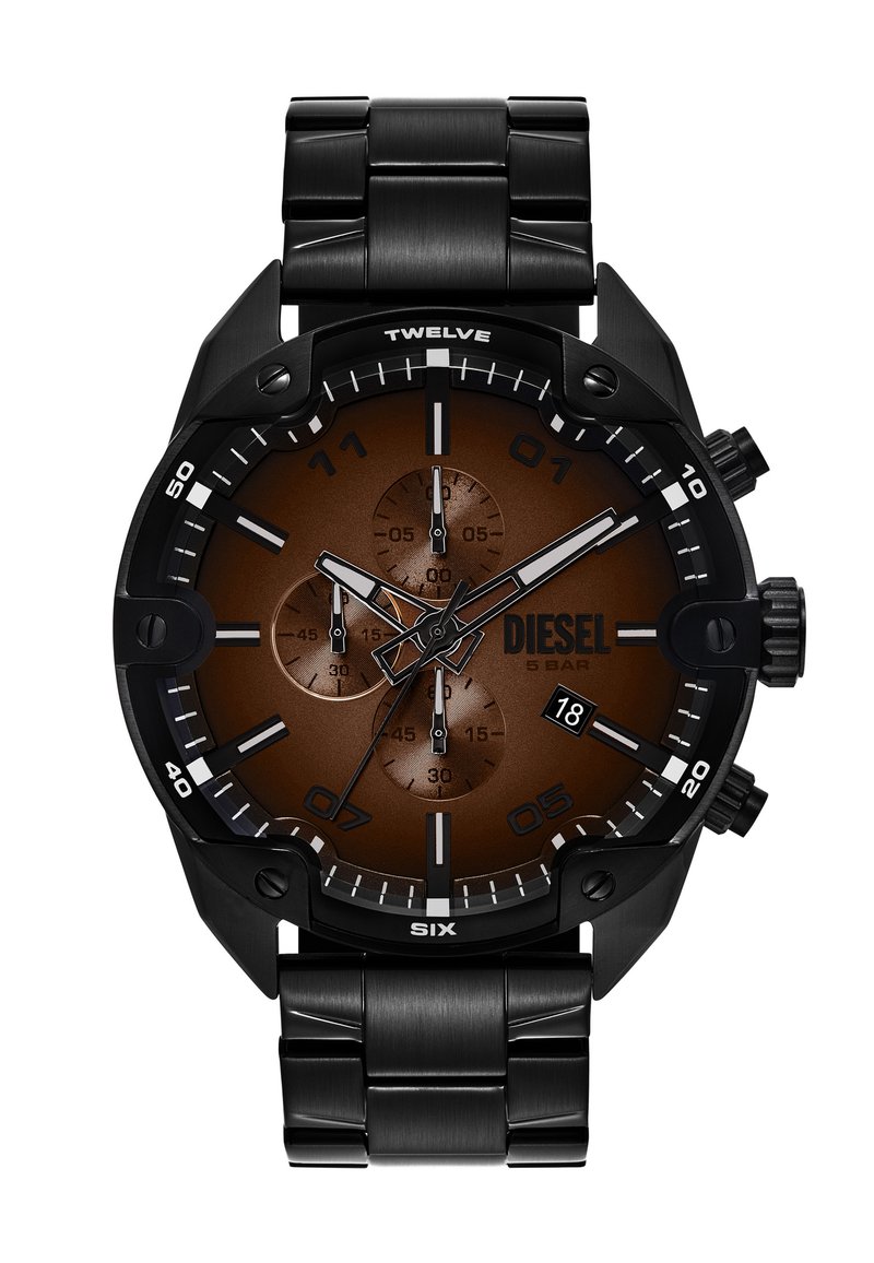 Montre en acier inoxydable noir avec un cadran brun foncé, trois sous-cadrans et des marqueurs d'heure blancs. Présente un affichage de la date à la position 6 heures.
