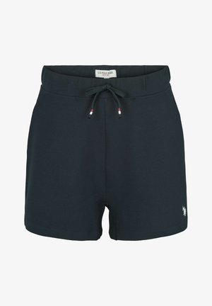 Sötétkék sportzsák, texturált anyagból, elasztikus derékrésszel és állítható zsinórral; az alja jobb sarkán egy kis logó található.