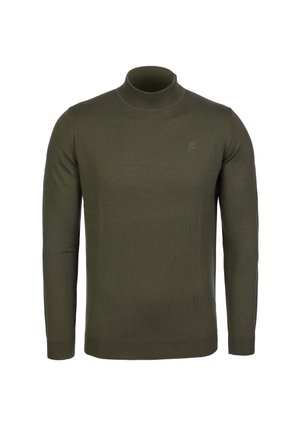 Olijfgroene lange mouw gebreide trui met een col en een subtiel logo op de linkerborst tegen een witte achtergrond.