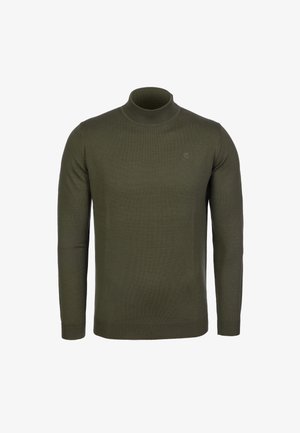 Olijfgroene lange mouw gebreide trui met een col en een subtiel logo op de linkerborst tegen een witte achtergrond.