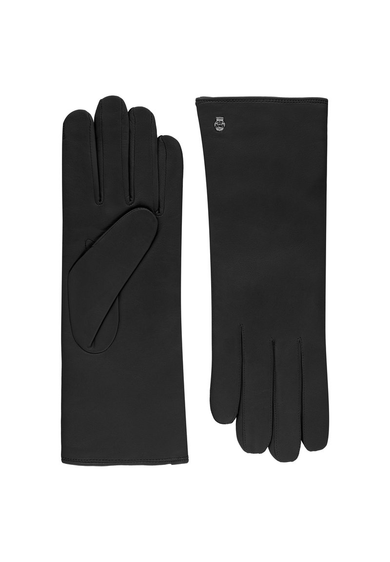 Black leather gloves featuring a fitted design, textured surface, and an accent logo on the wrist. Three distinct finger sections.
