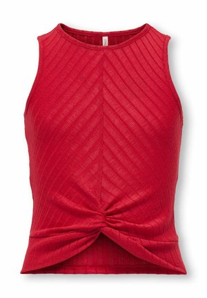 Top corto rosso senza maniche in maglia con motivo a coste diagonali e dettaglio twist centrale sul davanti.