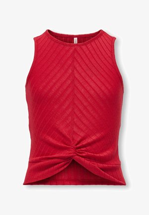 Top corto rosso senza maniche in maglia con motivo a coste diagonali e dettaglio twist centrale sul davanti.