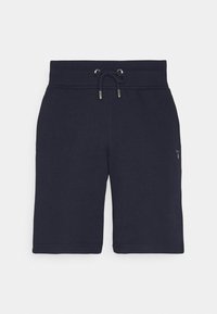 Shorts bleu marine jusqu'au genou avec taille élastique et cordon de serrage, présentant un petit logo de marque sur le côté droit.