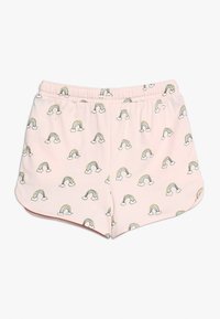 Różowe bawełniane szorty z powtarzającym się wzorem tęczy i chmur. Elastyczny pas i zaokrąglony dół zapewniają luźny krój.