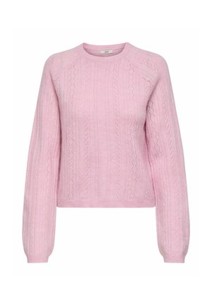 Rosa strikket genser med lange ermer, rund hals og ribbestrikkede mansjetter. Har teksturerte mønstre og en kort modell.