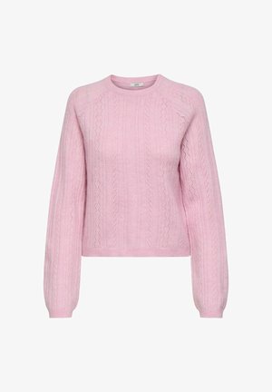 Pink knitted sweater with long sleeves, rounded neckline, and ribbed cuffs. Features textured patterns and a cropped design.