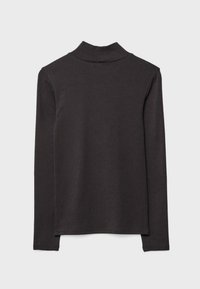 Długi rękaw, ciemnoszary golf wykonany z gładkiej, elastycznej tkaniny z płaskimi szwami i lekko zaokrąglonym dołem.