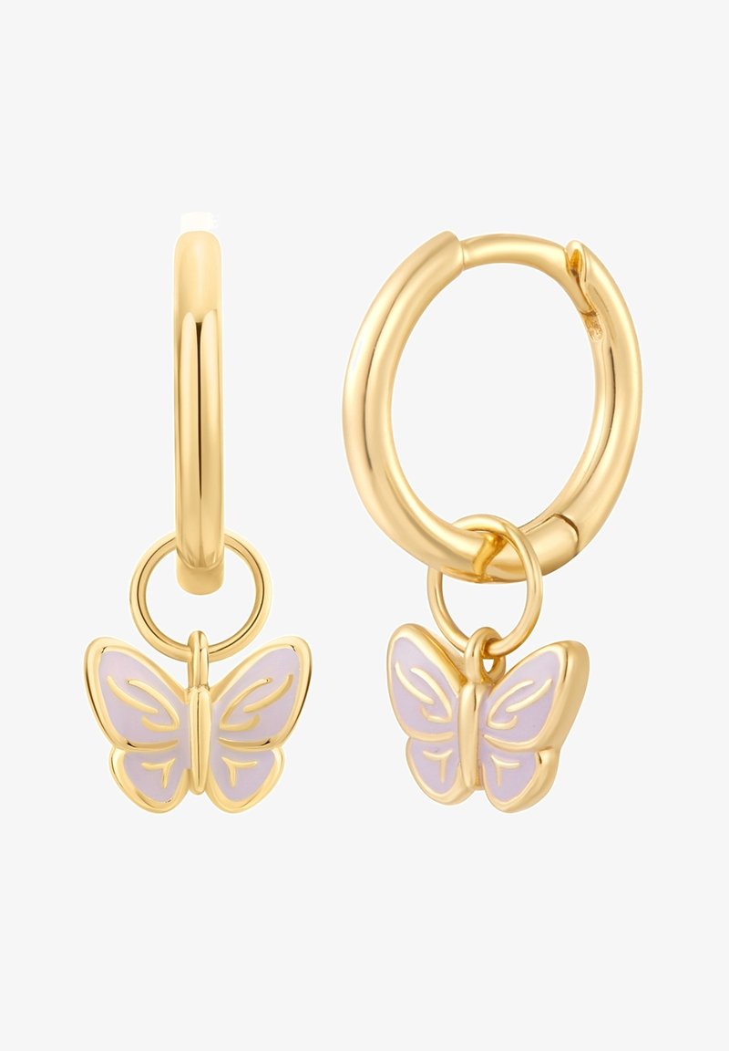 Auksiniai įdomūs auskarai su drugelio pakabuku. Drugelis turi levandų emalio apdailą, kuri sukuria kontrastą su auksinėmis detalėmis.