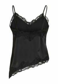 Camisole en satin noir avec bordure en dentelle, bretelles fines réglables et ourlet asymétrique.