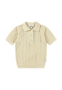 Polo a maniche corte in maglia color beige chiaro, con un motivo testurizzato, tre bottoni e colletto e orlo a costine. Etichetta del marchio visibile all'interno.