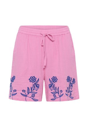 Pink cotton shorts with elastic waistband and drawstring, decorated with blue floral embroidery near the hem.