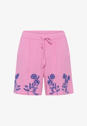 Pink cotton shorts with elastic waistband and drawstring, decorated with blue floral embroidery near the hem.