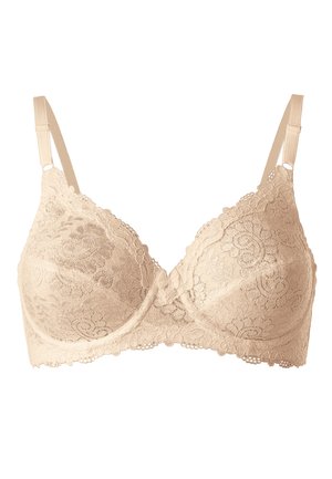 Beige kanten beha met bloemmotieven, onderwire ondersteuning, verstelbare schouderbanden en een klein strikdetail in het midden. Soepele textuur en semi-doorzichtig ontwerp.