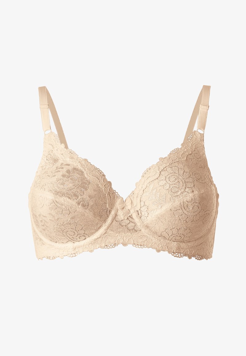 Beige pitsille särk, kus on lillemustrid, traaditoed, reguleeritavad rihmad ja väike keskmine pael. Sile tekstuur ja poolsheer disain.