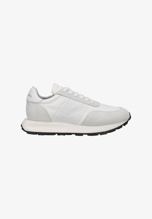 White sneakers with a mix of smooth leather and suede, featuring a cushioned sole, lace-up closure, and subtle logo detailing on the heel.