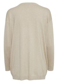 Maglione oversize beige, materiale a maglia morbido, colletto rotondo, spalle basse e vestibilità rilassata con orlo leggermente curvo.