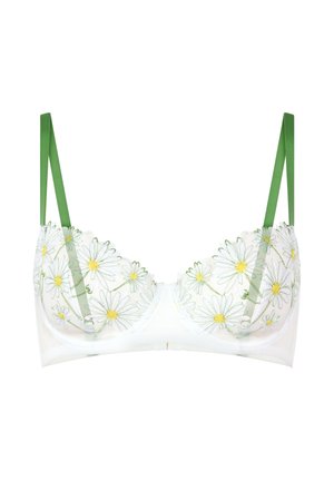 Soutien-gorge blanc avec des bonnets transparents ornés de broderies de marguerites vertes ; bretelles ajustables vertes ; motif floral sur le bord supérieur ; texture de tissu doux.