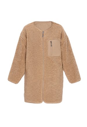 Beeži teddy mantel, millel on pehme, tekstuuriga fleecepind, varustatud luku sulgemise ja vasakul rinnal oleva narmaskotiga.