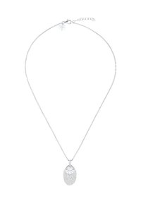Collana con pendente in argento caratterizzata da un design filigranato e da una forma a goccia texturizzata, appesa a una delicata catena con chiusura a scatto.