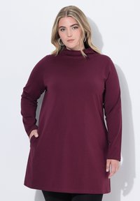 Dlouhá tuniková šaty v hluboké burgundské barvě, vyrobená z měkké tkaniny s vysokým límcem a bočními kapsami, s uvolněným A-liniovým střihem.