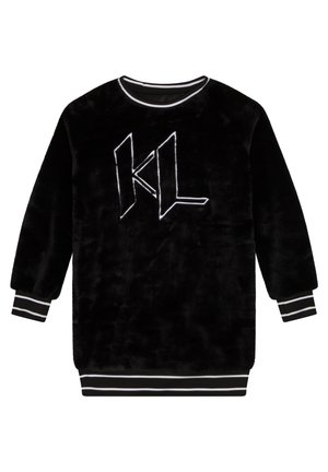 Schwarzer, fuzzie Sweatshirt mit weißer "KL" Stickerei, Rundhalsausschnitt und gestreiften Bündchen. Besitzt eine weiche Textur und eine lässige Passform.