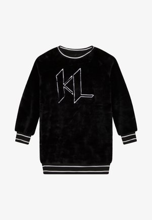 Černá chlupatá mikina se bílou výšivkou "KL", kulatým výstřihem a pruhovanými manžetami. Má měkkou texturu a volný střih.